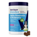 Vetnique Glandexは、プレバイオティクスを備えた犬用の毎日のプロバイオティクスで、繊維および消化酵素、プロバイオティック咀嚼または粉末(120ct咀嚼、ベーコン咀嚼)で腸の健康をサポート
