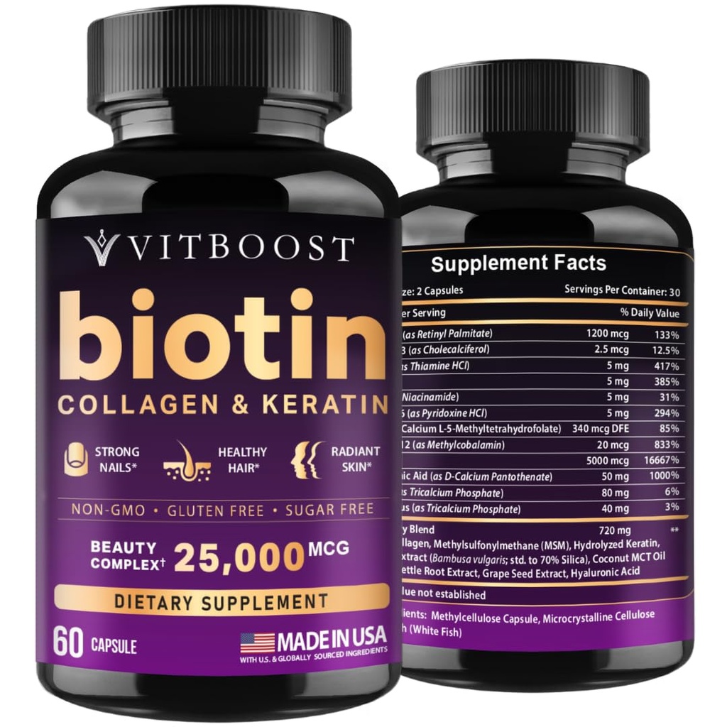 ヒアルロン酸、コラージュ、ケラチンのVITBOOST Biotin - 男性と女性のための25000 mcgの毛の成長のビタミン - ネイルと皮膚、米国は作りました - サードパーティは、B1、B2、B3、B6、B7コンプレックス - 60カプセルをテストしました