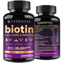 ヒアルロン酸、コラージュ、ケラチンのVITBOOST Biotin - 男性と女性のための25000 mcgの毛の成長のビタミン - ネイルと皮膚、米国は作りました - サードパーティは、B1、B2、B3、B6、B7コンプレックス - 60カプセルをテストしました