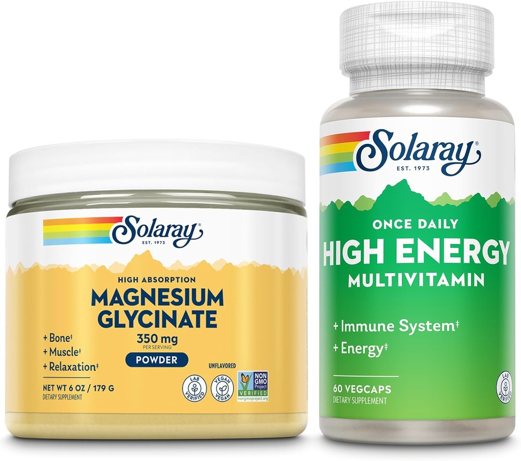 SOLARAYのマグネシウムのGlycinateの粉350mgおよび高エネルギーMultivitaminの束-Chelatedのマグネシウムおよび1日1回多骨の健康、筋肉、中心および免疫サポート、60日の保証、6oz/60ct