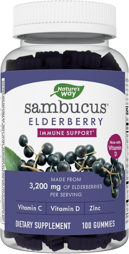 Nature's Way Sambucus Elderberry Gummies - 子供のための免疫サポートサプリメント&大人* - ビタミンC、D3、亜鉛&抗酸化サポート付き* - グルテンフリー&ベジタリアン - 100グミ