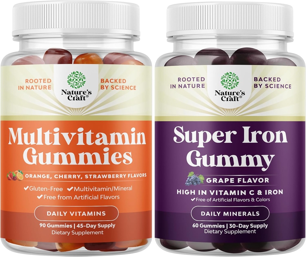 Bundle of Multivitamin Gummy with B12 Biotin with Zinc & Vitamin D and Extra Strength Iron Gummies for Women and Men - Potent 45mg per Serving Chewable Iron Supplement for Women and Men with Vit C