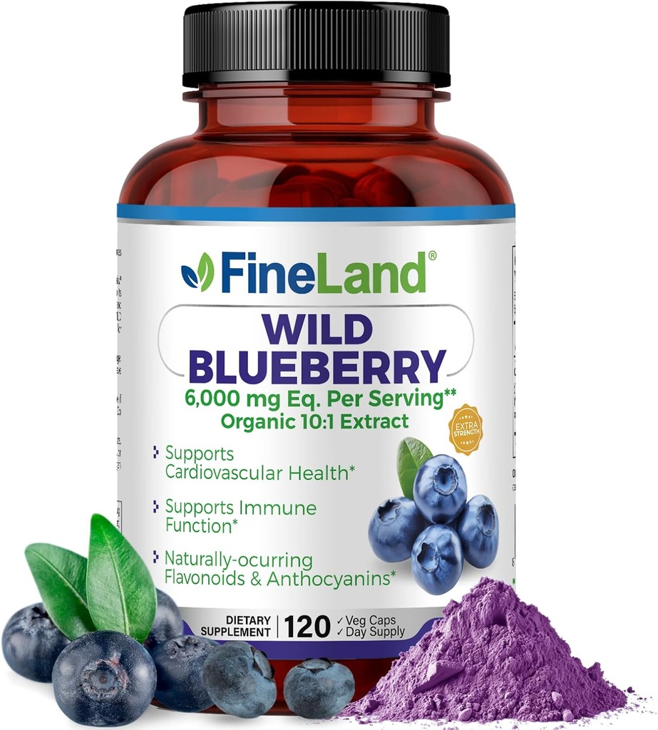 FineLand Wild Blueberry 10:1 Extract, 6,000 mg Strength, 120 Vegan Capsules, Rich in Flavonoids & Anthocyanins, Antioxidant Support for Brain & Heart Health, 4-Month Supply, Non-GMO Made in USA
