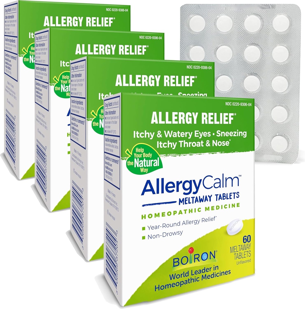 Boiron AllergyCalm 錠 240 カウント, アレルギーからの救済とヘイ ・ フィーバー ・ シンプトムス, 鼻鼻, かゆ目, 喉, アレルギー カルム タブ (旧 RhinAllergy) (パック 4 60ct ボックス)