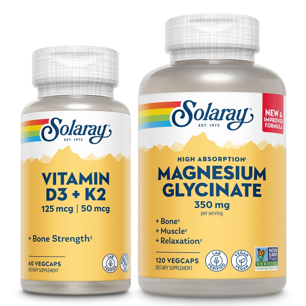SOLARAYのビタミンD3 K2およびマグネシウムのGlycinate -骨の健康の束-カルシウム吸収、Nerve、中心および免疫サポートw/ 5000 IUのビタミンD、350mgのChelatedのマグネシウム、60日の保証、60ct/120ct