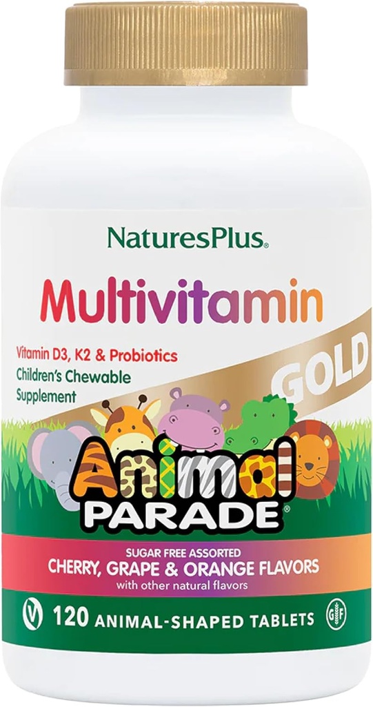 NaturesPlusアニマルパレードゴールド子供マルチビタミン - 盛り合わせチェリー、オレンジ&グレープフレーバー - 120アニマルシェイプチブルタブレット、パック3 - ビーガン、グルテンフリー - 180 Totalサービング