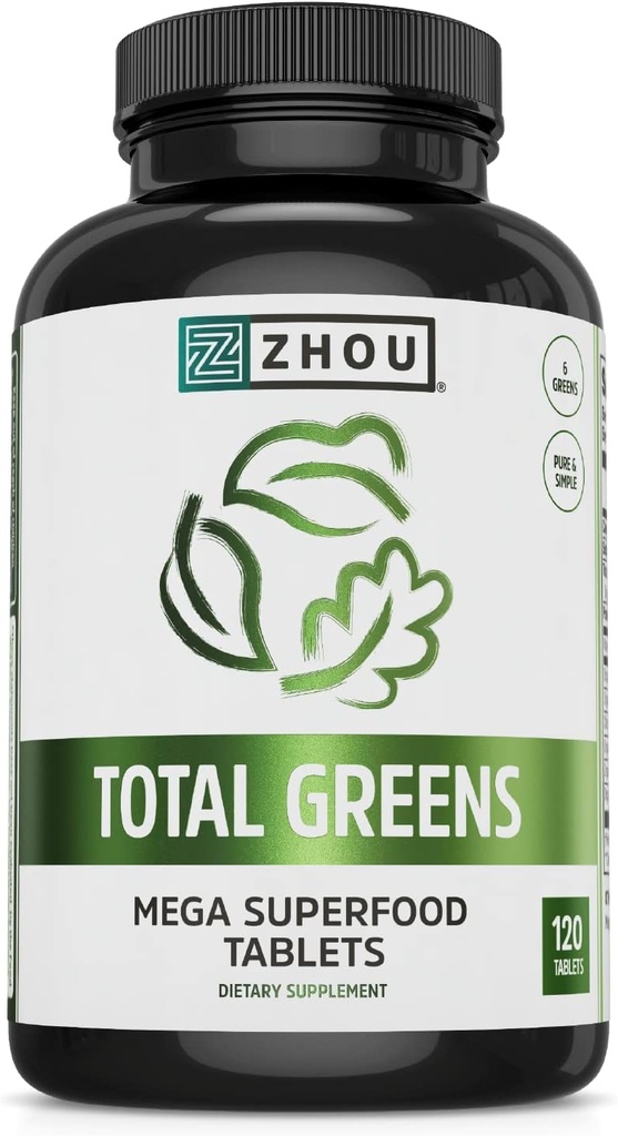 Zhou Total Greens - スーパーグリーンサプリメント、毎日の野菜の丸薬、スーパーフードタブ、大人のための野菜サプリメント、ビタミン錠 - 120錠