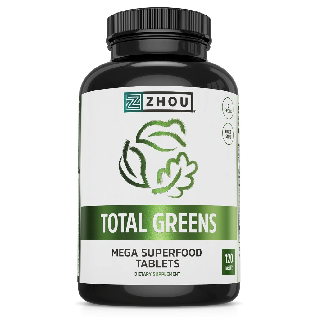 Zhou Total Greens - スーパーグリーンサプリメント、毎日の野菜の丸薬、スーパーフードタブ、大人のための野菜サプリメント、ビタミン錠 - 120錠