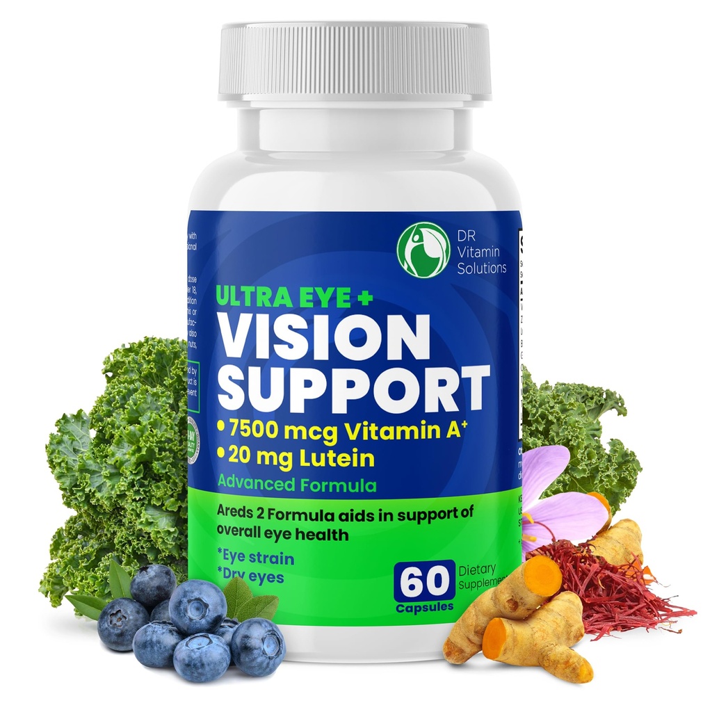 DR VITAMIN SOLUTIONS Vision Support Eye Vitamin for Macular Health | Lutein、亜鉛、ビタミンA、Bilberryのサプリメント | レッド&ドライアイ、視力ケア(1本、60カプセル)の2式をアード