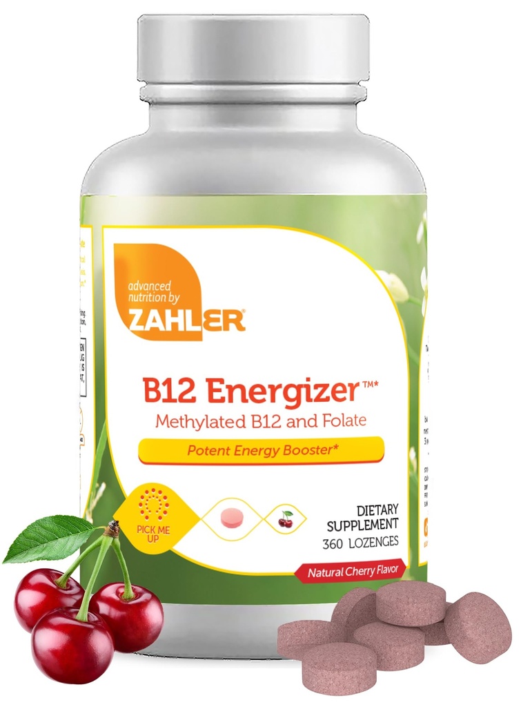 Zahler Energizer - FolateおよびB12の補足-速い分解のチェリーの味のロゼンジは1360 mcgの葉酸(360の計算)の二重ビタミンのメチル化されたB12及び Folateの補足を乾燥します
