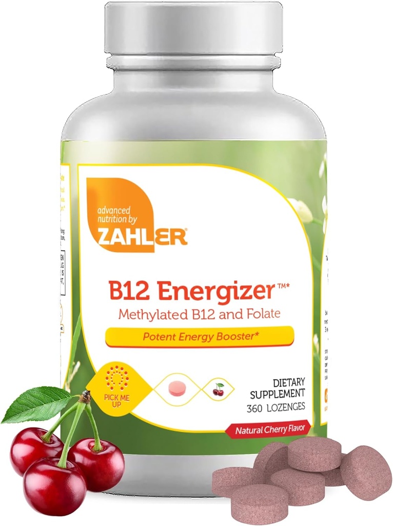 Zahler Energizer - FolateおよびB12の補足-速い分解のチェリーの味のロゼンジは1360 mcgの葉酸(360の計算)の二重ビタミンのメチル化されたB12及び Folateの補足を乾燥します