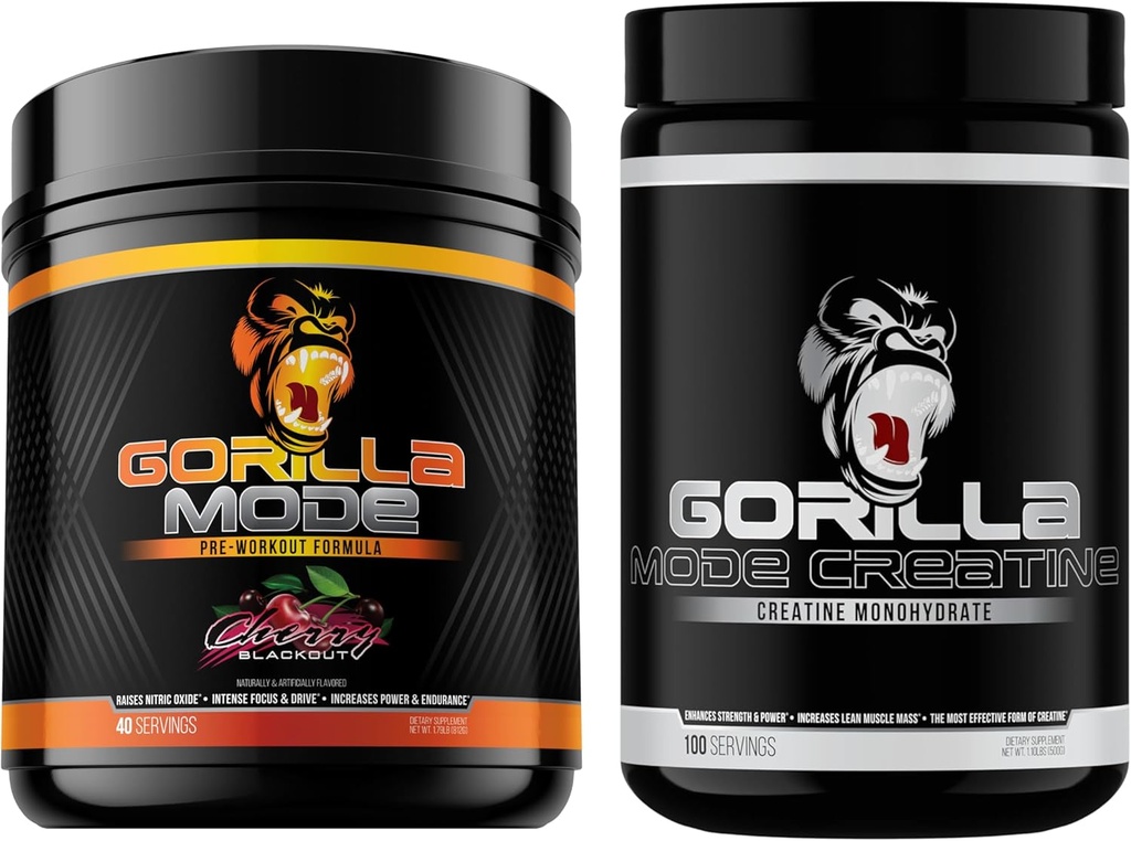 Gorilla Mind Pre Workout (Cherry) + Creatine (100 Serv.) - Comprehensive Stack for Improved Strength, Power Output, and Muscle Size