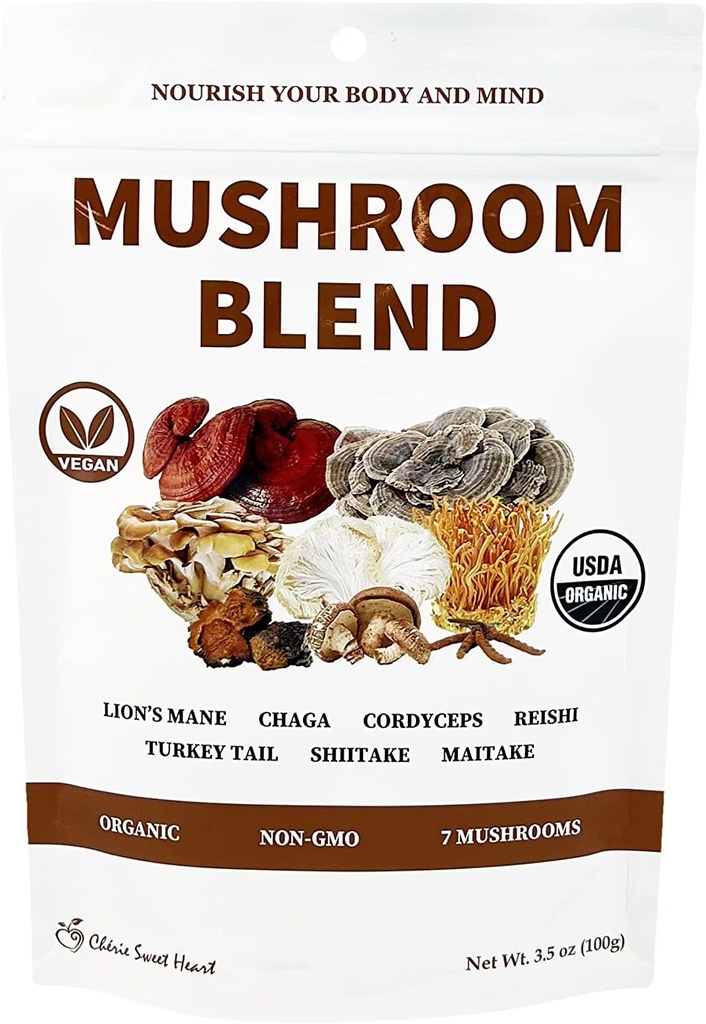 Cherie甘いハート7キノコエキスパウダー - ライオンズマネとUSDAオーガニックスーパーフードブレンド, 礼石, コルディプス, 舞茸, 椎茸, トルコテール&チャガ – ビーガン, 非GMO, グルテンフリー – 3.5 oz
