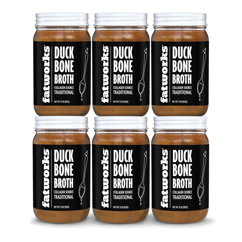 Fatworks Gourmet Cage-Free Duck Bone Broth, Traditional Flavor, Keto, Paleo, Collagen Rich, Preservative Free, 6 pack of 15 oz. Jars