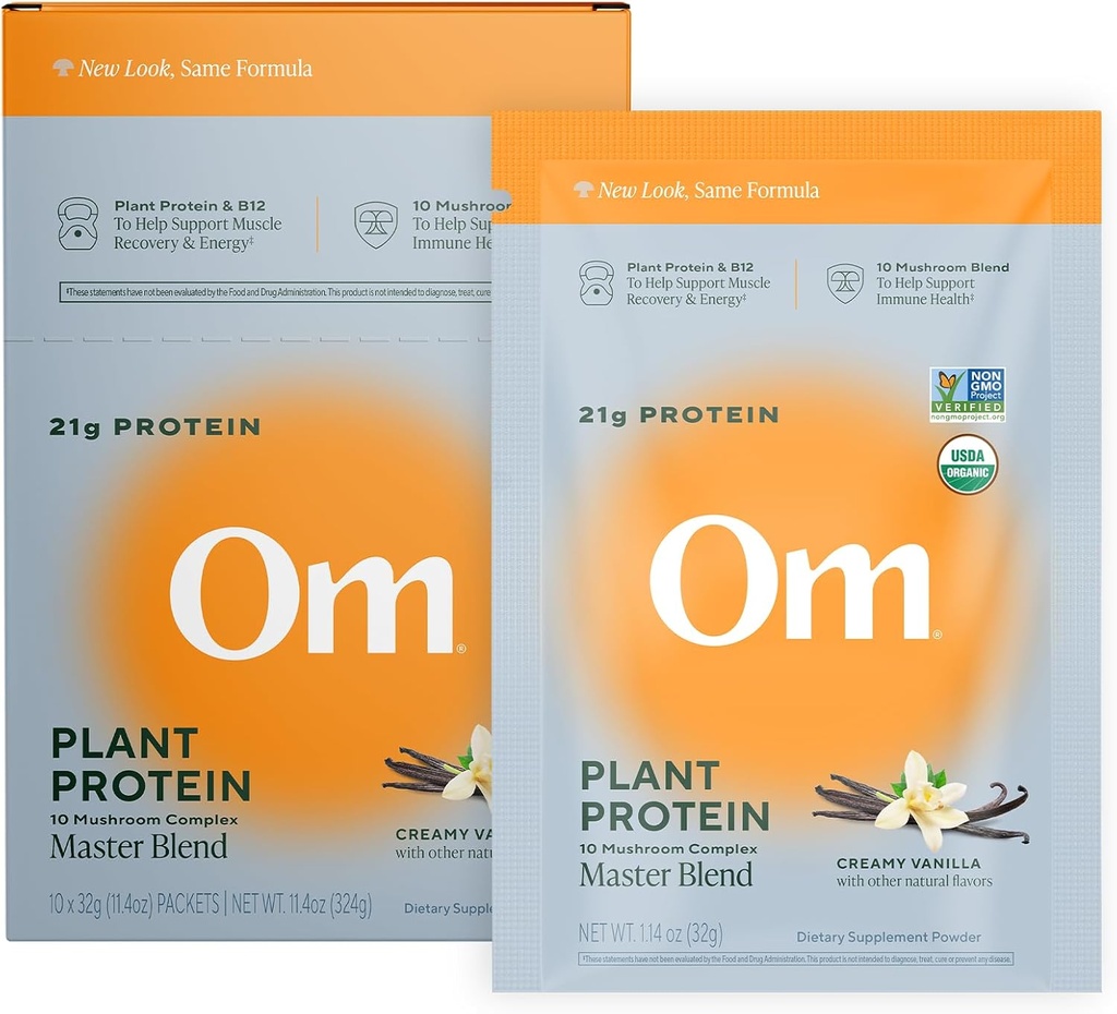 Om Master Blend Vegan Protein Powder, Vanilla, 21g of Plant Protein - Organic Mushroom Supplement with 10 Mushroom Complex, Ashwagandha, BCAAs and Vitamin B12 - Single Serve (10 Count)​