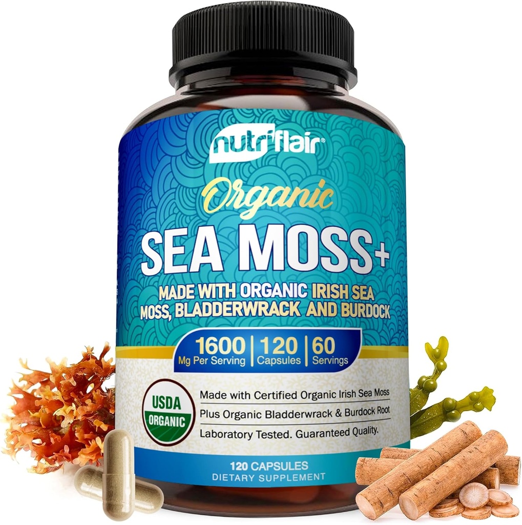 NutriFlair Organic Sea Moss 1600mg、120カプセルプラスBradderwrack&Burdock - プレバイオティックスーパーフード - 免疫システム&消化の健康 - 甲状腺、健康な肌、ケトデトックス、ガット