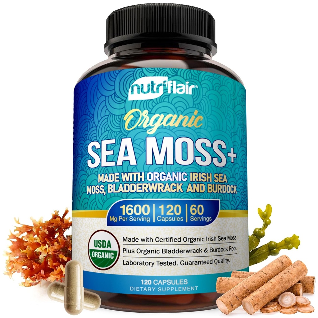NutriFlair Organic Sea Moss 1600mg、120カプセルプラスBradderwrack&Burdock - プレバイオティックスーパーフード - 免疫システム&消化の健康 - 甲状腺、健康な肌、ケトデトックス、ガット