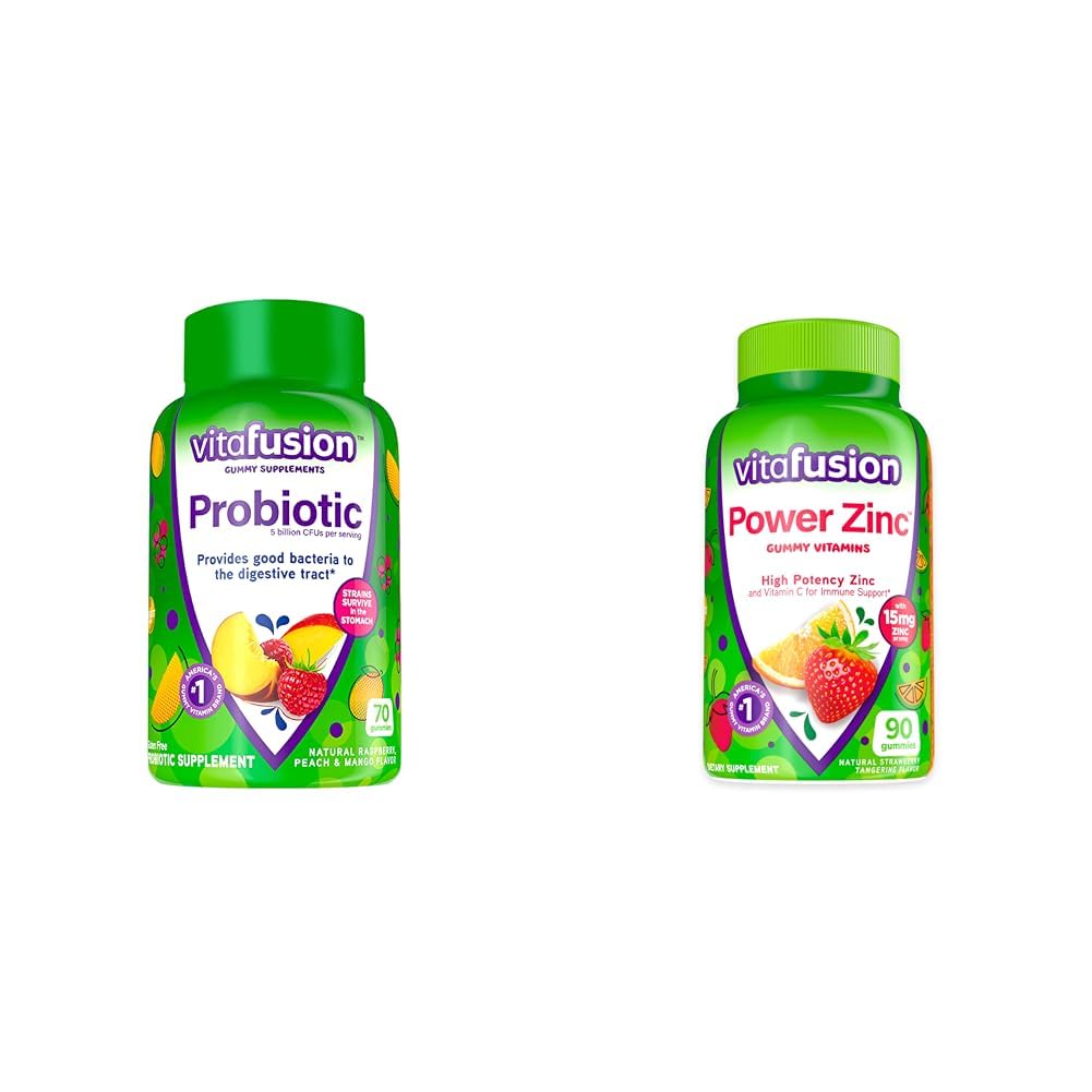 Vitafusion Probiotic Gummy Supplements、ラズベリー、ピーチ、マンゴーフレーバー、35デイサプライ、70カウントパワー亜鉛ガミービタミン、イチゴタンジェリンフレーバー、90カウント