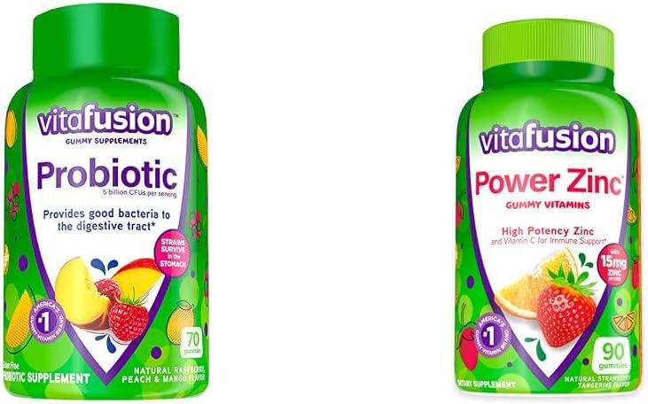 Vitafusion Probiotic Gummy Supplements、ラズベリー、ピーチ、マンゴーフレーバー、35デイサプライ、70カウントパワー亜鉛ガミービタミン、イチゴタンジェリンフレーバー、90カウント