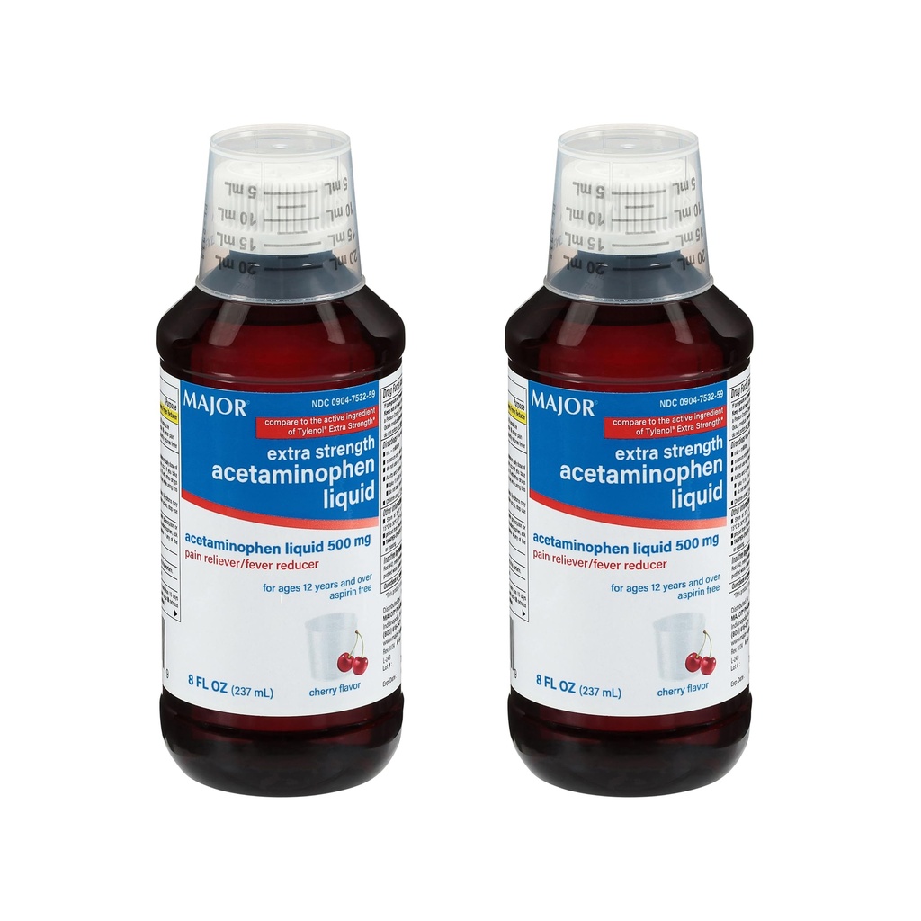 MAJORの大人の余分強さの液体のアセトアミノフェン500mg -助けは苦痛を取り除き、フェーバーを減らす - Aspirinは自由にチェリーの味- 8つのFのOz (2のパック)を取り除きます