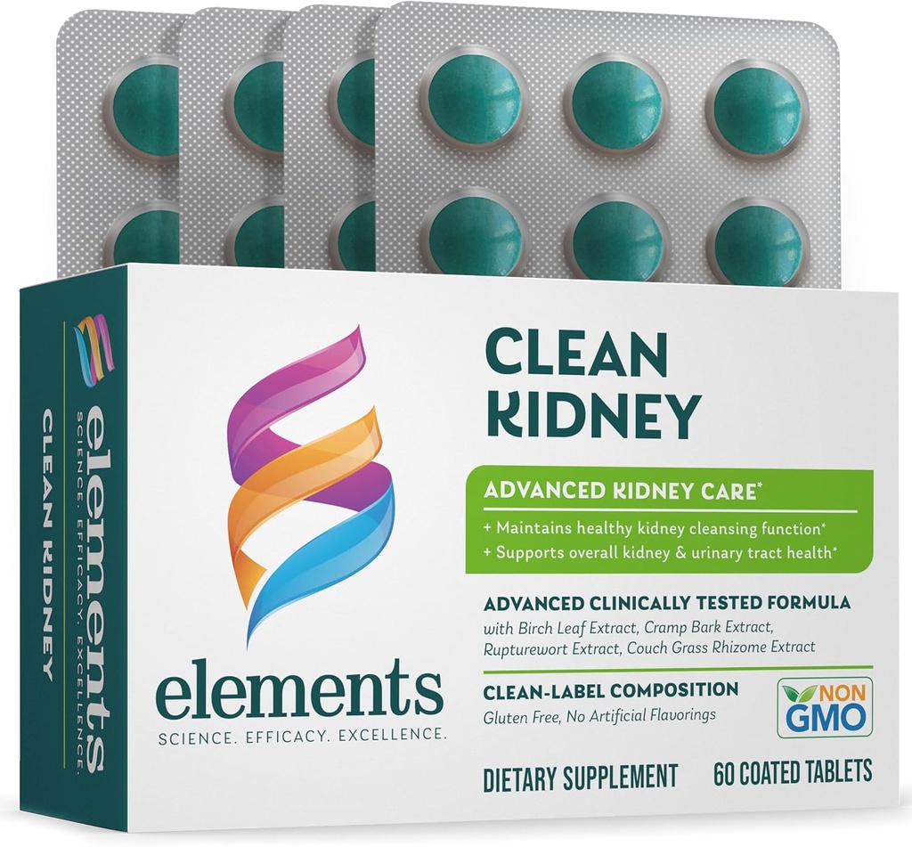 Elements Clean Kidney, 60 Tablets (30 Day Supply), Supports Normal Kidney and Urinary Tract Function, Gluten Free,