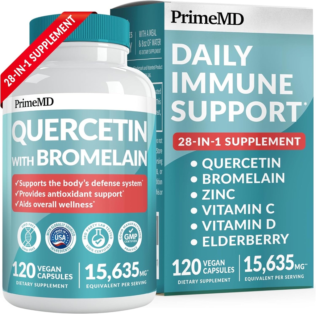 毎日の免疫防衛サポートのためのBromelainの補足が付いている28-in-1 Quercetin - ビタミンCとビタミンDおよびElderberry (120ct)と高められる大人のための亜鉛が付いているケルセチン