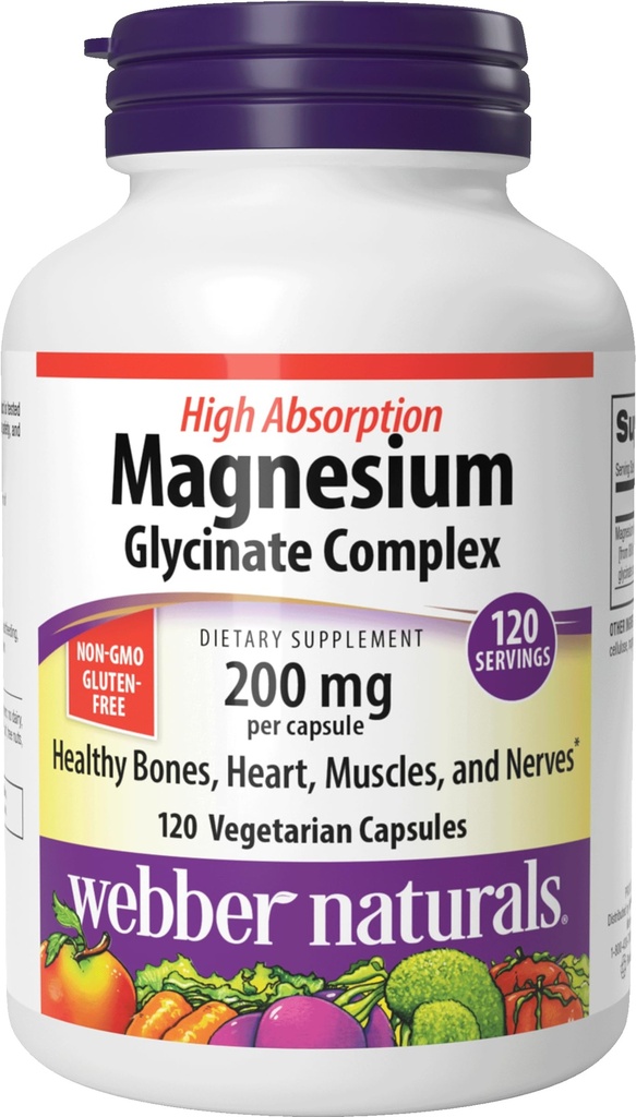 Webber Naturals マグネシウム グリシンコンプレックス 200 mg, 120 ベジタリアン カプセル, 高吸収式, Bones をサポート, ハート, 筋肉 & Nerves, 1 日あたり, ビーガン, 新しいラベル!