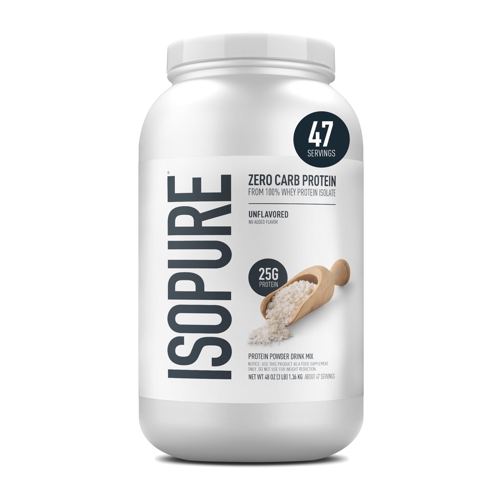 Isopure Zero Carb 100%の純粋な乳白色の隔離蛋白質の粉、Gluten はビタミン、Unflavored、サービングごとの 25g 蛋白質、3 つの Lbs、47 のサービング(包装の 5 月 Vary)と放します