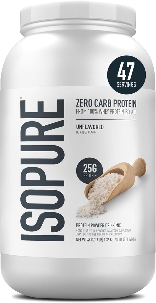 Isopure Zero Carb 100%の純粋な乳頭の隔離蛋白質の粉、Lactose の自由な、グルテンフリー、ビタミンと、味付けされていない、サービングごとの 25g 蛋白質、3 つの Lbs、47 のサービング(包装 5 月 Vary)