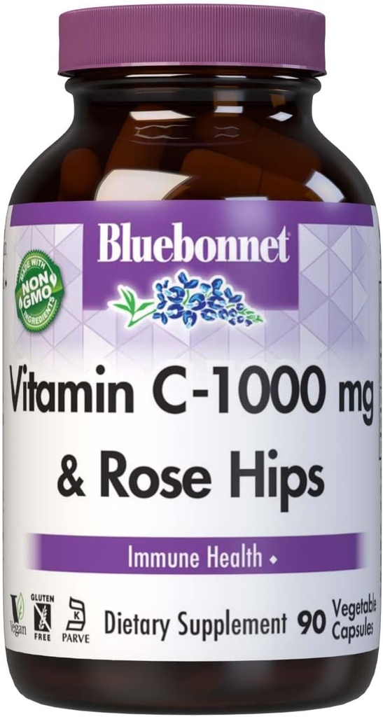 Bluebonnet Nutrition Vitamin C-1000 mg Plus Rose HIPS Vegetable Capules, for Immune Health, for Antioxidant Protection, Soy Free, Gluten Free, Non-GMO, Kosher, Dairy Free, Vegan, 90 Count
