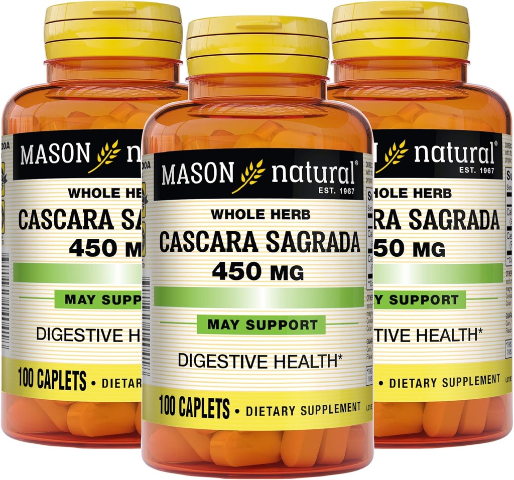 Mason Natural Cascara Sagrada 450 mg, Herbal Supplement for Normal Digestive Function Support, 100 Caplets (Pack of 3)