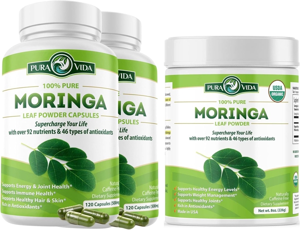 Moringa Capsules 120ct. 500mg Caps. (Pack of 2) and Moringa Powder 8 oz.