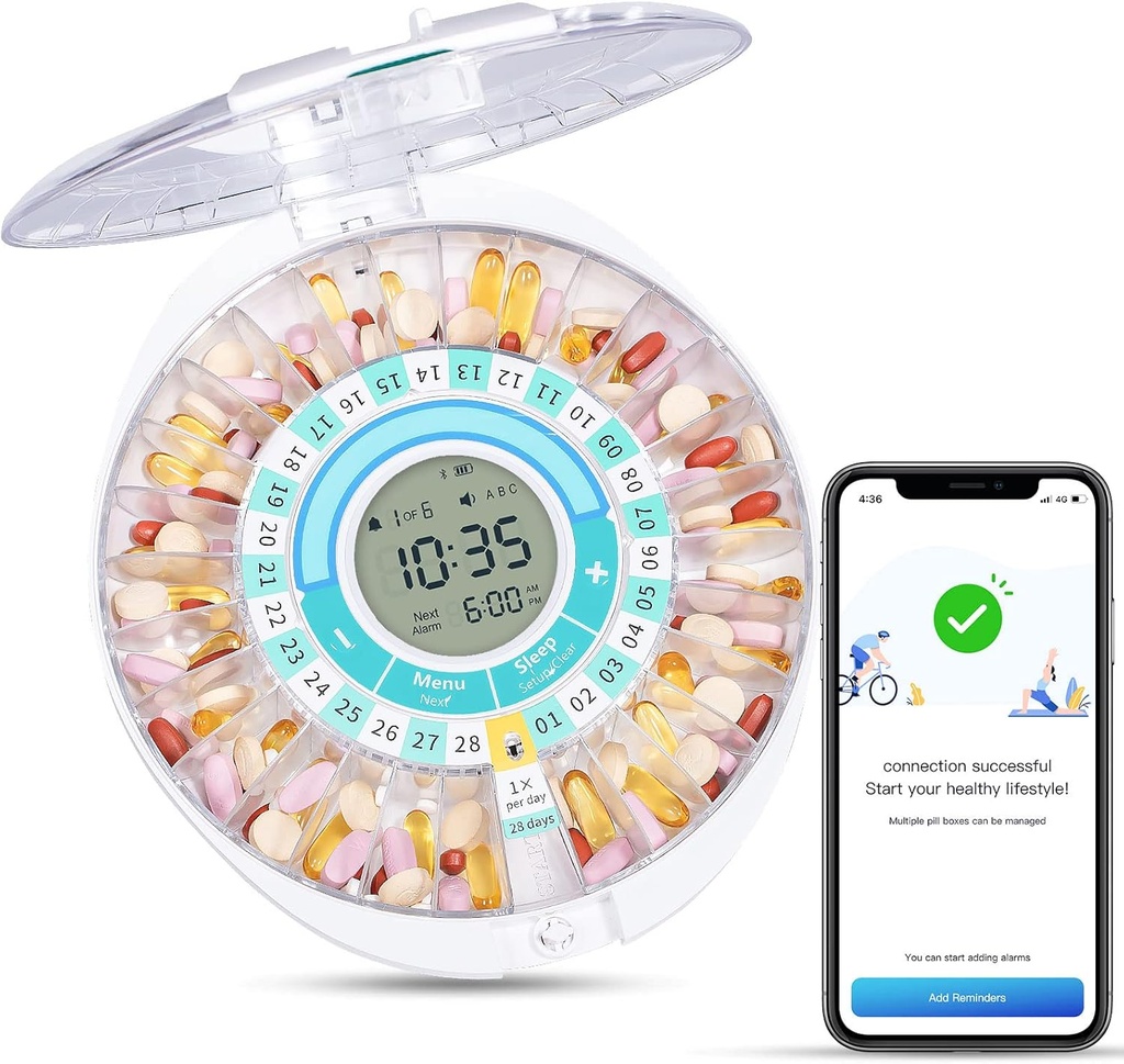 ZoksiはBluetoothのスマートな自動丸薬ディスペンサー、高齢者のための電子薬物ディスペンサー、音/ライト/App警報が付いている28のコンパートメントの薬のオーガナイザーを改良します(下で働くビデオ)