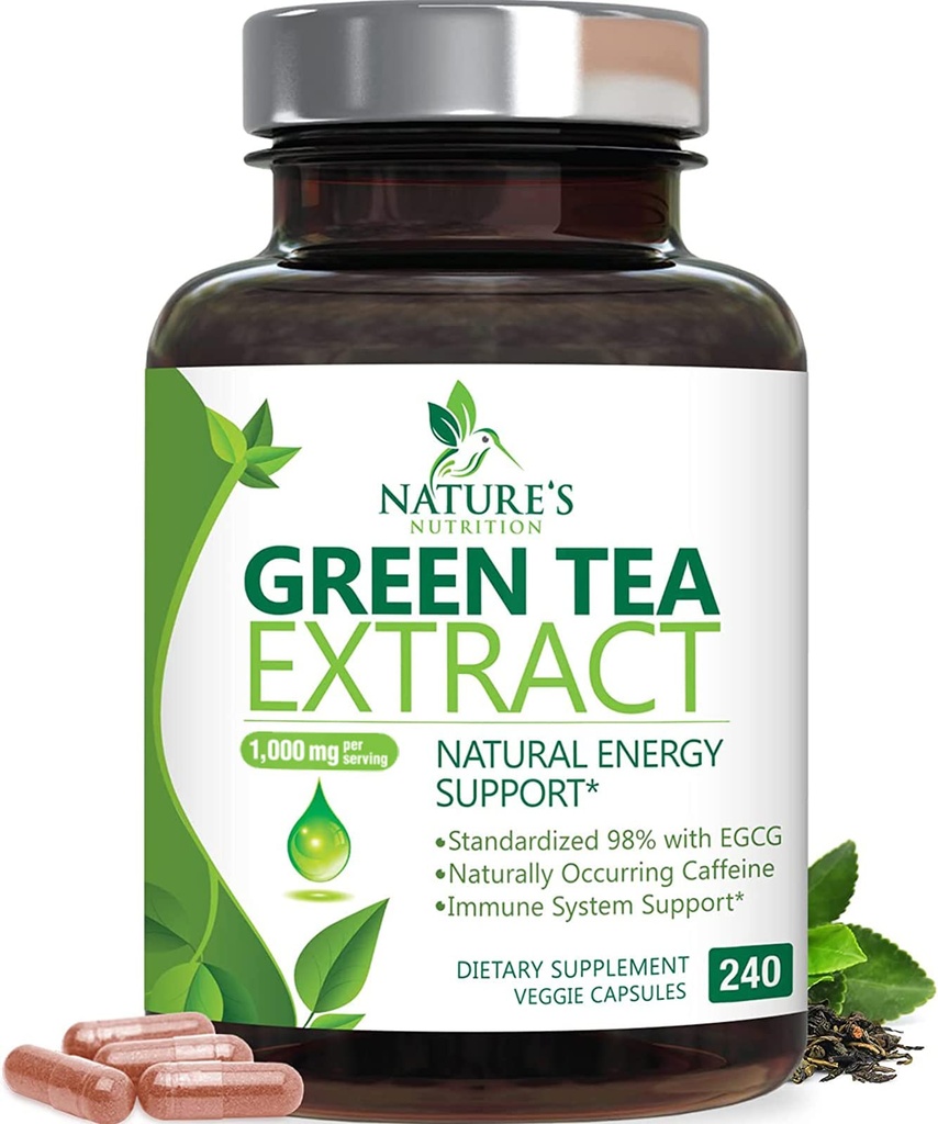 緑茶エキスのカプセル1000mg 98%は天然エネルギーのためのEGCG - 3X強さ-ポリフェノールとの中心サポート-穏やかなカフェイン- 240のカプセルを標準化しました