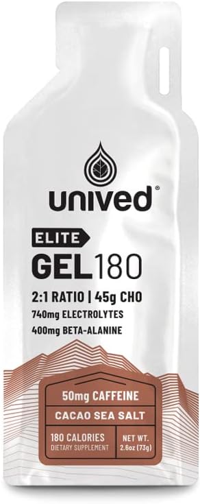 Unived Elite Gel 180-2:1 ベータアランナイン&エッセンシャル電解物とシンプル&コンプレックスカルブの比率 - 持久力選手のランナーと Cyclists - 180kcal - ココア海の塩 - 50mgカフェイン - パック 6