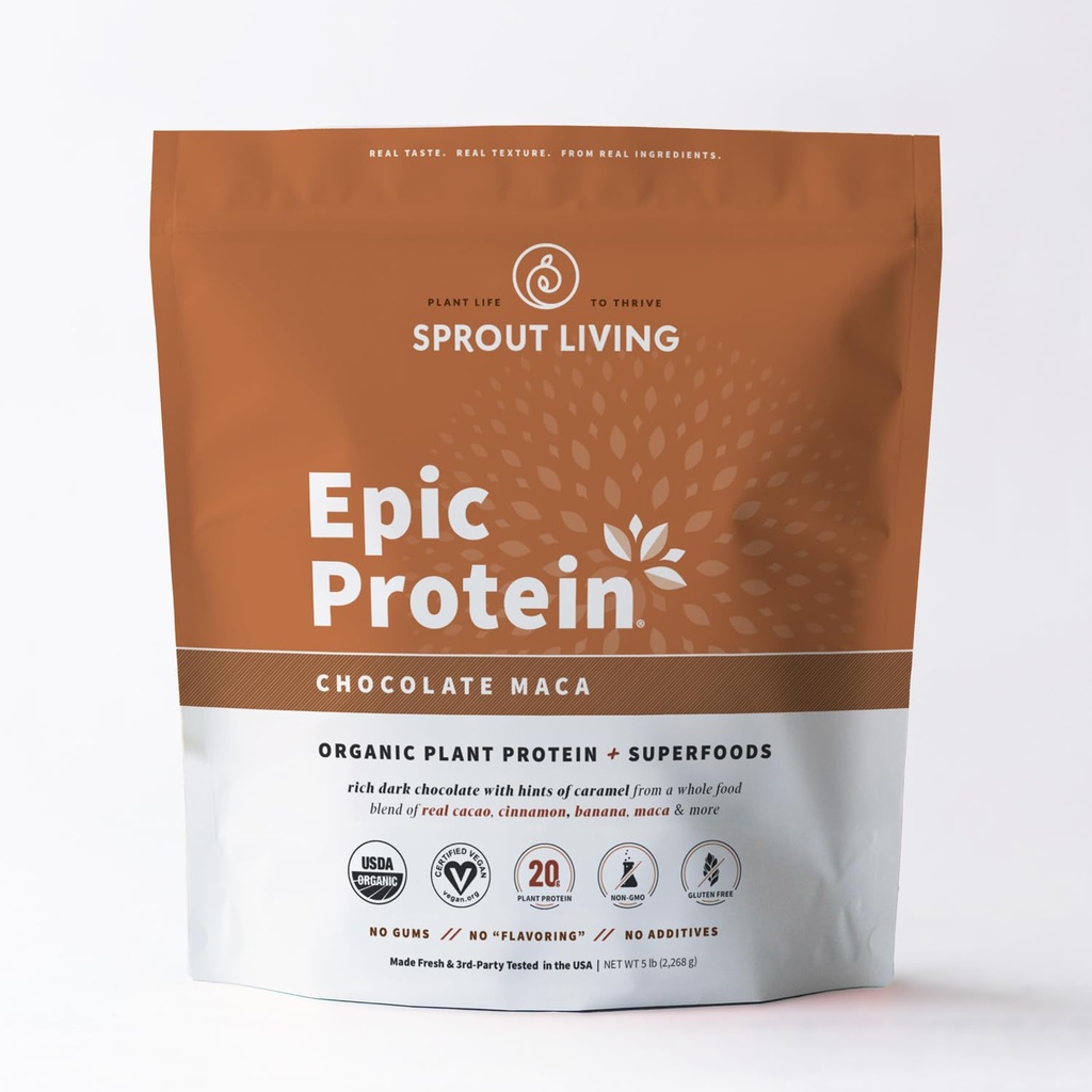 Sproutリビング叙事詩タンパク質, 植物ベースのタンパク質 & スーパーフードパウダー, チョコレートマカパウダー | 20グラムオーガニックプロテインパウダー, ビーガン, 非乳製品, 非GMO, グルテンフリー, 低砂糖 (5ポンド, 60 サービング)