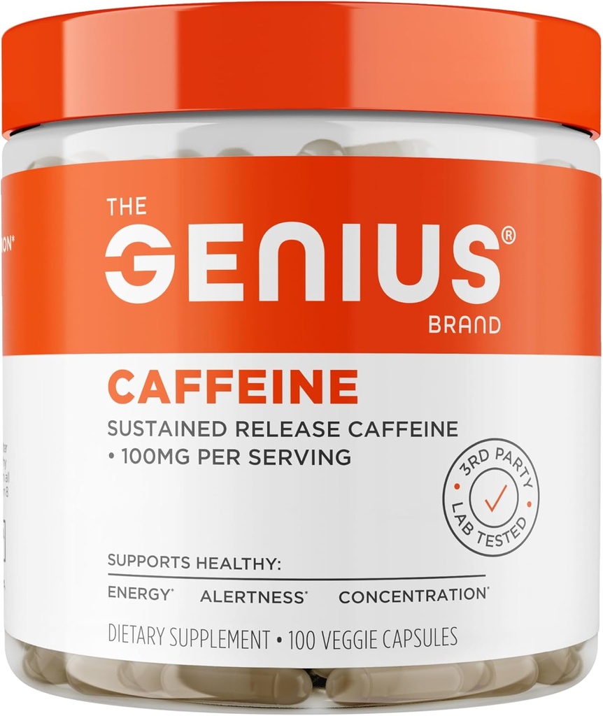 Genius Caffeine - Sustained-Release Microencapsulated Caffeine Pills for Smooth, Long-Lasting Energy & Focus - No Jitters or Crash - 100mg per Capsule - 100 Servings - Natural Performance Booster