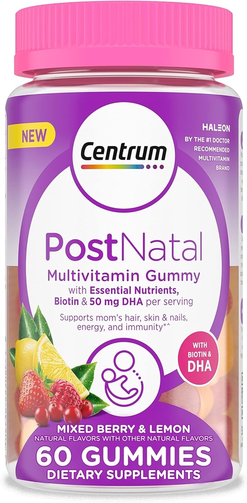 Centrum Postnatal Multivitamin Gummies with Biotin and DHA, 混合ベリーとレモン味 - 60 カウント、30 日の供給