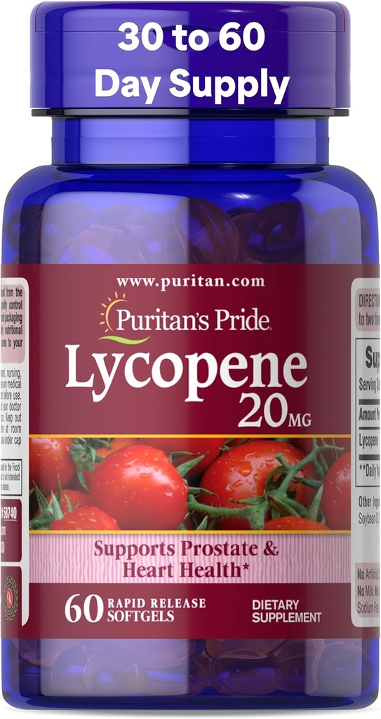 Puritan's Pride Premium Lycopene 20mg、Prostate、Antioxidant、心の健康および全面的な健康サポートのための栄養補助食品、1か月の供給、60急速な解放Softgels