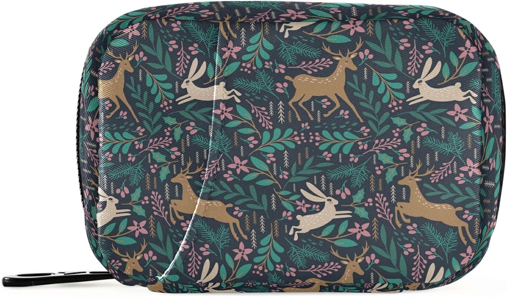 Animal Deer Rabbit Pill Box 7 Day Pill Case Travel Pill Organizer Bag with Zipper Portable Weekly Case Compact Size for Vitamin Supplement Holder