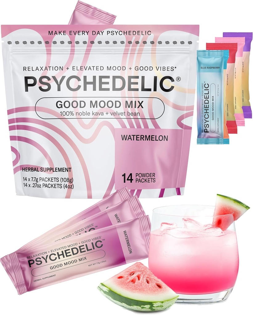 Good Mood Mix - Watermelon - Powder Packets - Calming Kava Drink Mix - Easy Open Single-Serving - Flavored Kava Powder - Mucuna Pruriens - Stevia - Non Alcoholic Adaptogen Mocktails - 14 Stick
