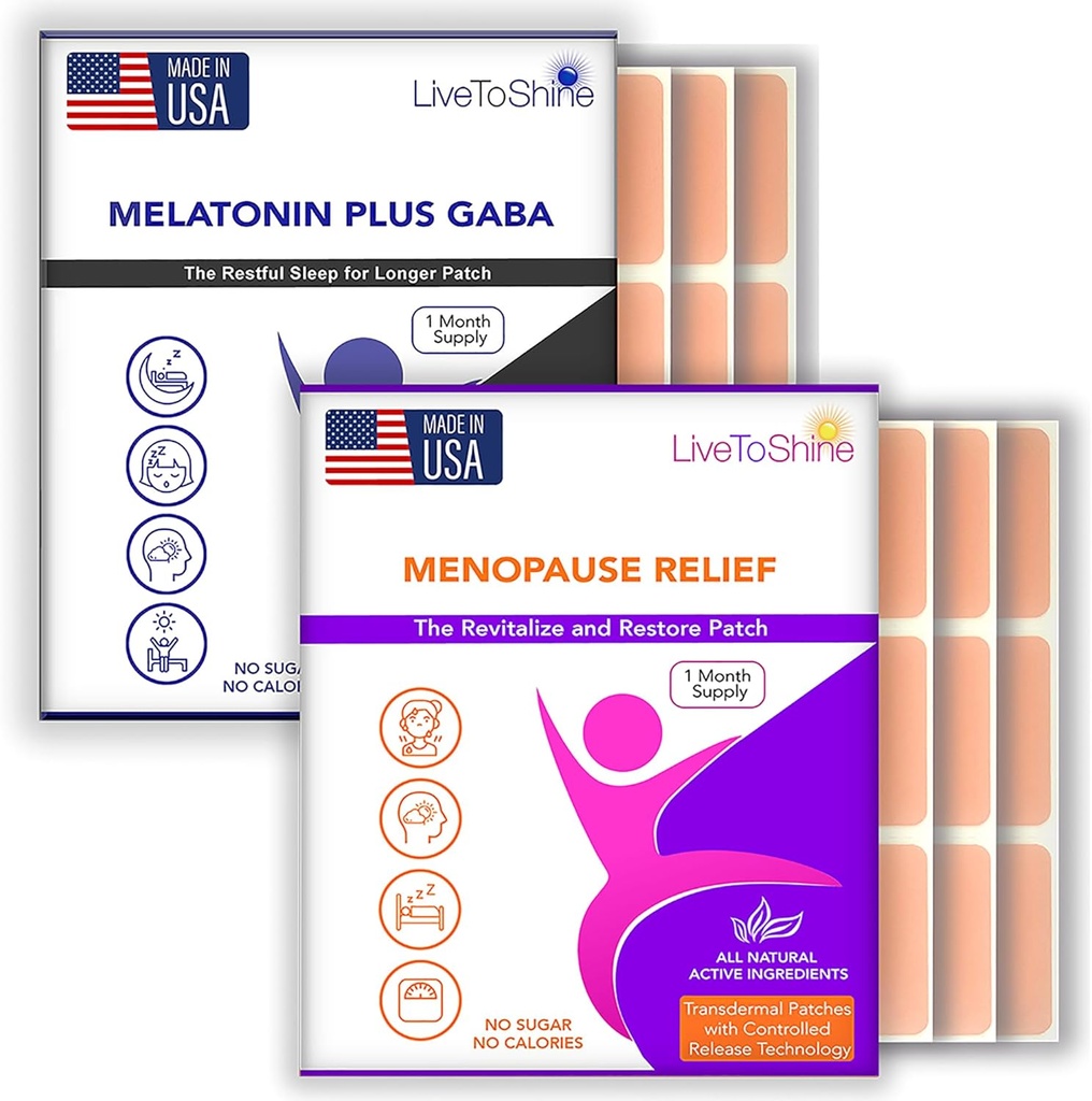 Menopause Relief and Melatonin Sleep Patch Bundle - 2 Packs - Hot Flashes, Night Sweats, Mood Swings Relief Plus Restful Sleep Patches - 30 Day Supply Per Pack (60 Patches) - USA Made by Live To Shine