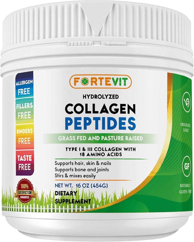 女性と男性のためのフォルテビットコラーゲンペプチドパウダー - 加水分解タイプI&III - 皮膚の弾力性、髪と爪の強さ、共同サポート - 不燃、草 - 飼料、非GMO、ケト&ペレオ - 16オンスジャー