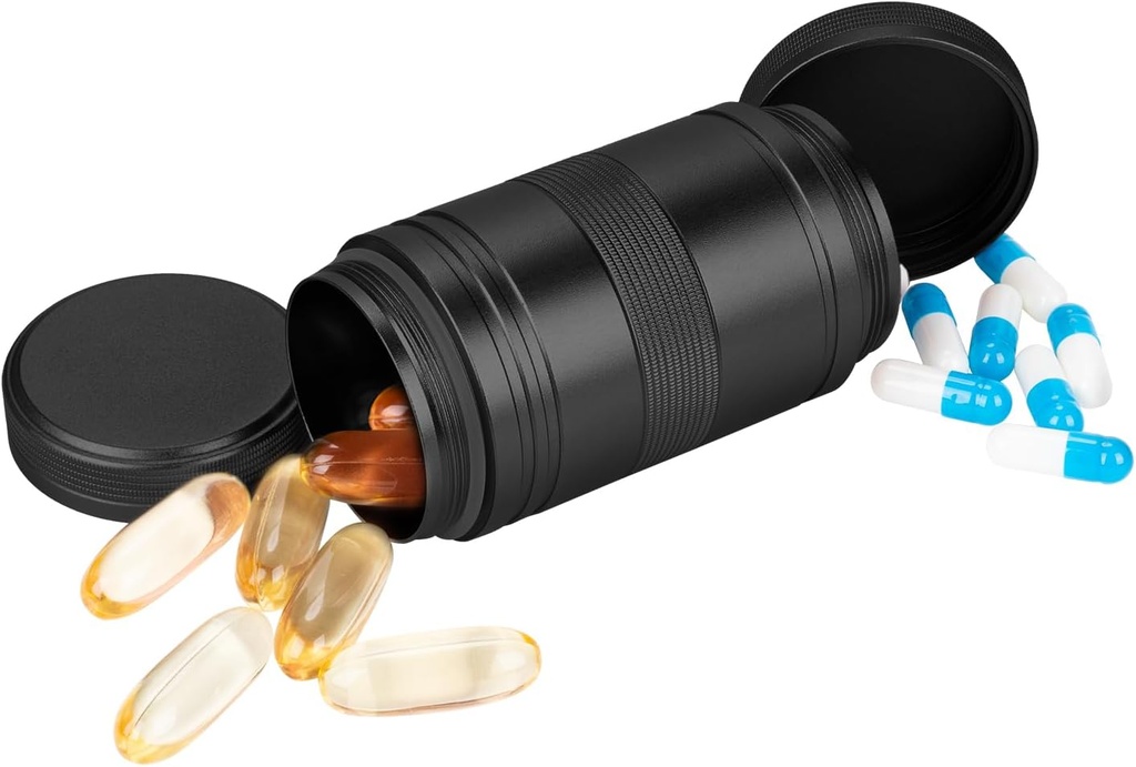 金属の丸薬箱2日-携帯用防水小さい丸薬の箱(AM PM)、旅行毎日の丸薬の容器、Pills/Vitamin/Fishオイル/補足、黒いのための密集した丸薬のオルガナイザー