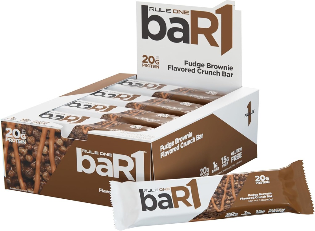 ルール1 baR1 クランチバー - 20gプレミアムプロテインを備えたオンザゴ便利なプロテインスナックバー、自然に EAAs/BCAAs、ハンガーファイリングファイバー(12カウントボックス、ファッジブラウン)で梱包
