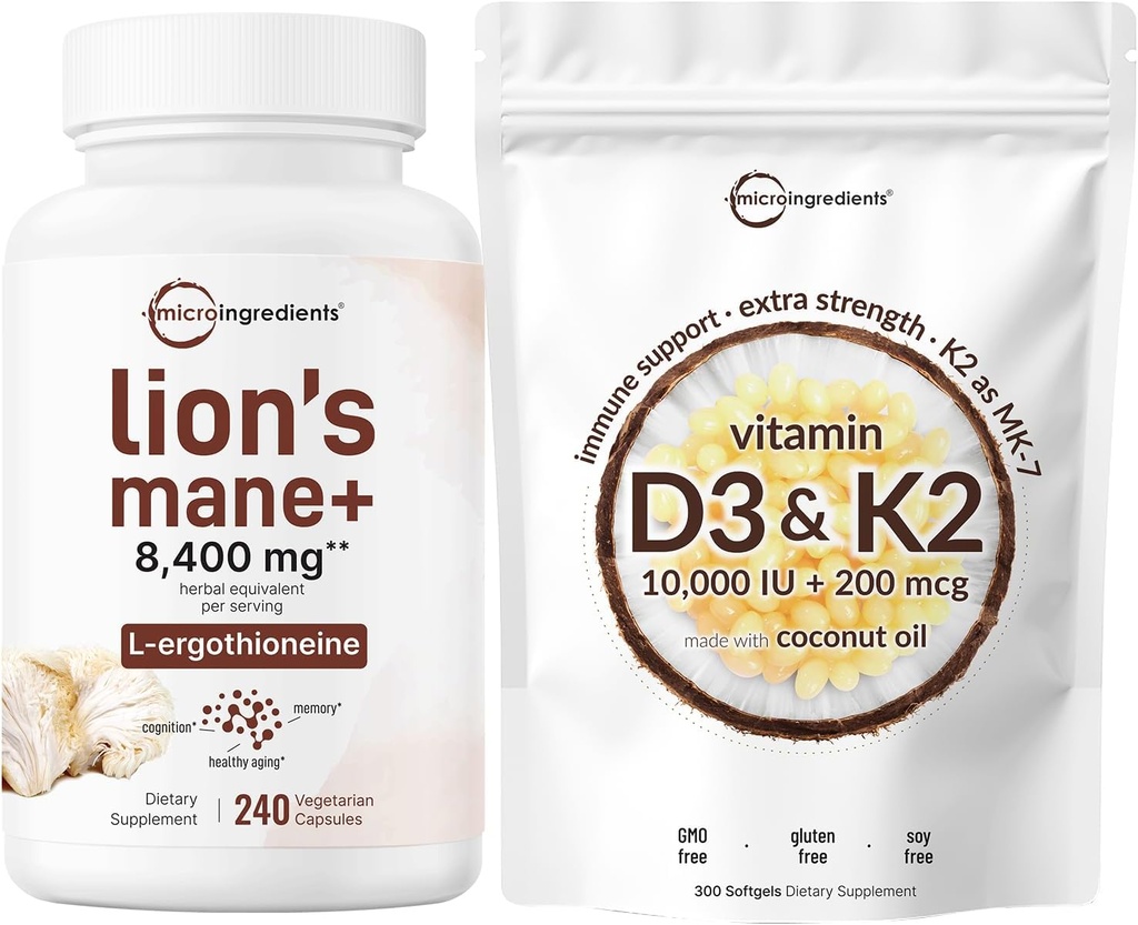 マイクロ成分ビタミンD3 10,000iu + K2 200mcgココナッツオイルSoftgels & Lions Maneサプリメント 240 Veggieカプセルバンドル2パック | エッセンシャルサンシャインビタミン | スーパーフード茸抗酸化剤L-