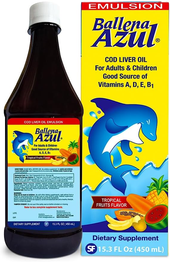Ballena Azul Aceite de Hígado de Bacalao para Adultos y Niños, COD Liver Oil for 大人と子供, ビタミンの良好な源, ダイエットサプリメント, Omega 3 (Tropical Fruits 15 OZ)