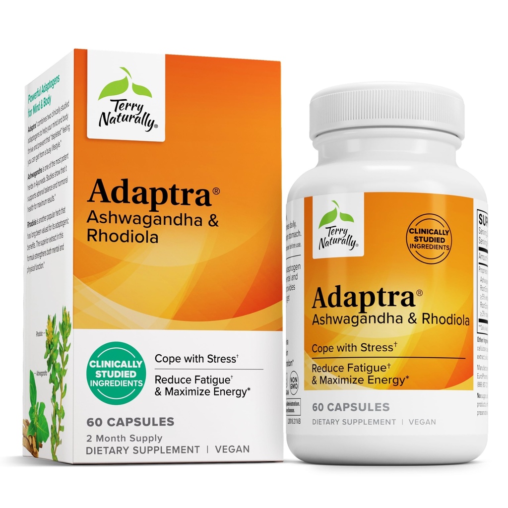 Terry Naturally Adaptra - 副腎の健康をサポートするサプリメント - Rhodiola Rosea抽出物とAshwagandhaサプリメント - エネルギーと集中をサポートするハーブサプリメント - 60カプセル