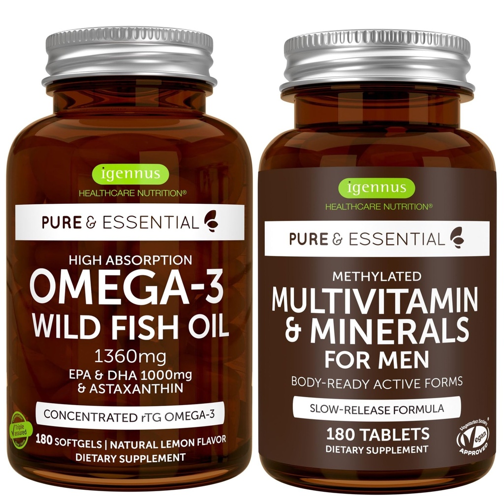 高吸収オメガ-3ワイルドフィッシュオイル+メチル化された男性のマルチビタミンバンドル、1000mg EPA&DHA 180ソフトジェル+持続リリースマルチビタミン180錠、Igennusによる