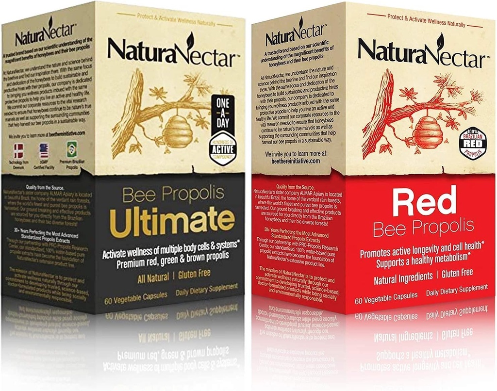 NaturaNectarナチュラルビープロポリスバンドル - Bee Propolis UltimateとRed Propolis - 免疫と呼吸器サポート、健康な代謝 - ボトルあたり60カプセル